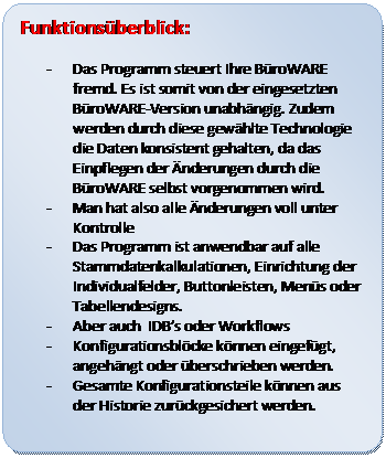 Abgerundetes Rechteck: Funktionsüberblick:
- Das Programm steuert Ihre BüroWARE fremd. Es ist somit von der eingesetzten BüroWARE-Version unabhängig. Zudem werden durch diese gewählte Technologie die Daten konsistent gehalten, da das Einpflegen der Änderungen durch die BüroWARE selbst vorgenommen wird.
- Man hat also alle Änderungen voll unter Kontrolle
- Das Programm ist anwendbar auf alle Stammdatenkalkulationen, Einrichtung der Individualfelder, Buttonleisten, Menüs oder Tabellendesigns.
- Aber auch IDB’s oder Workflows
- Konfigurationsblöcke können eingefügt, angehängt oder überschrieben werden.
- Gesamte Konfigurationsteile können aus der Historie zurückgesichert werden.